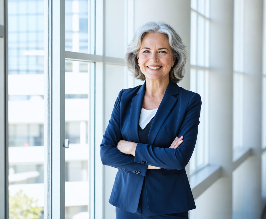 Sarah Chen, founder of Web Design Academy, smiling confidently in a navy suit