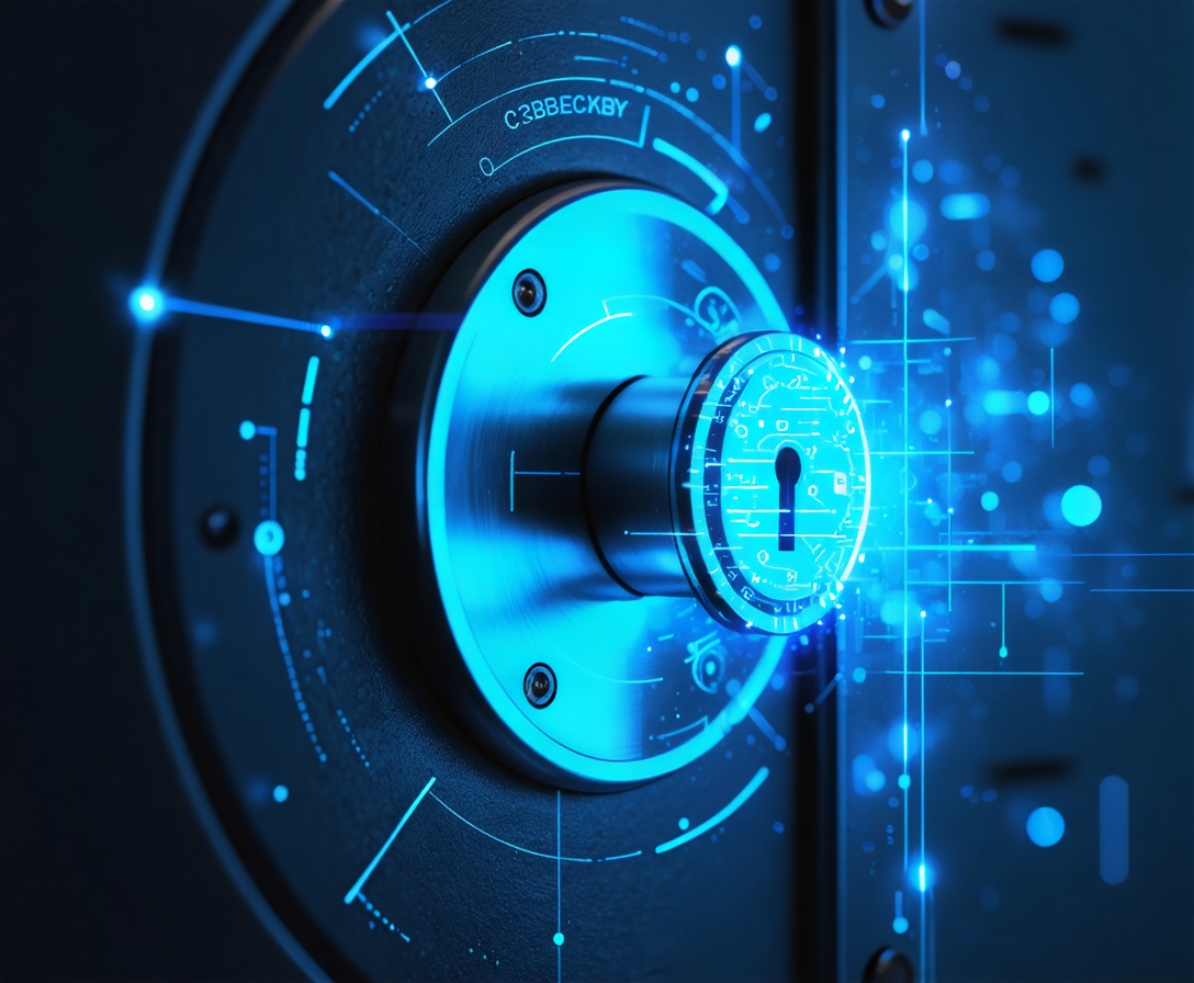 Abstract shot of a high-tech digital vault handle glowing blue