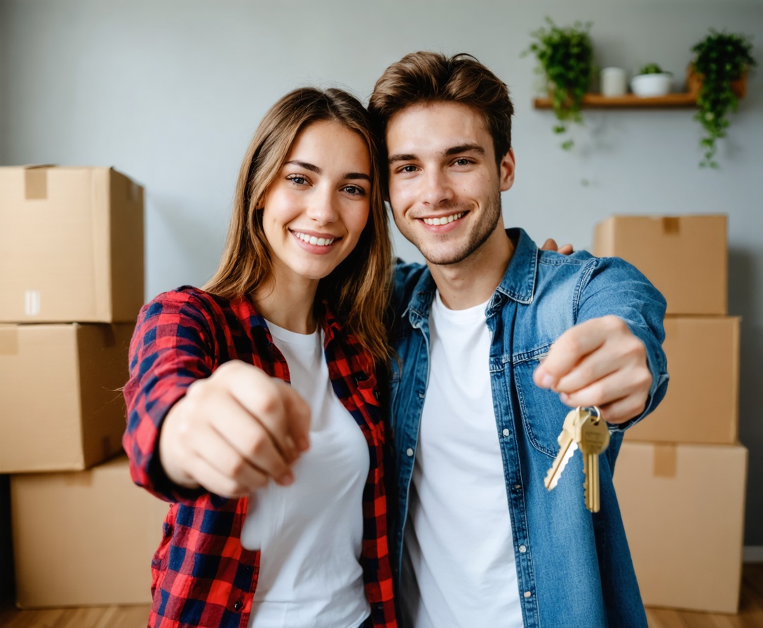 A young couple in their new home, celebrating their financial success